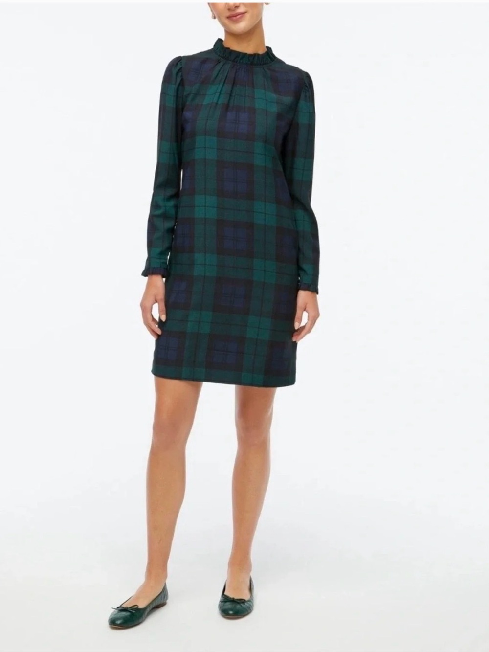 NWT J.Crew Factory Black Watch Plaid Ruffle-Neck Shift Dress